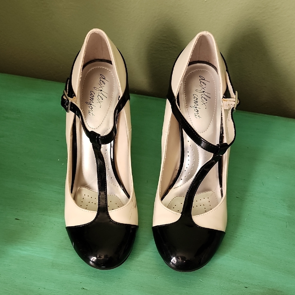 Dex Flex Comfort Black & White T-Strap Heels
